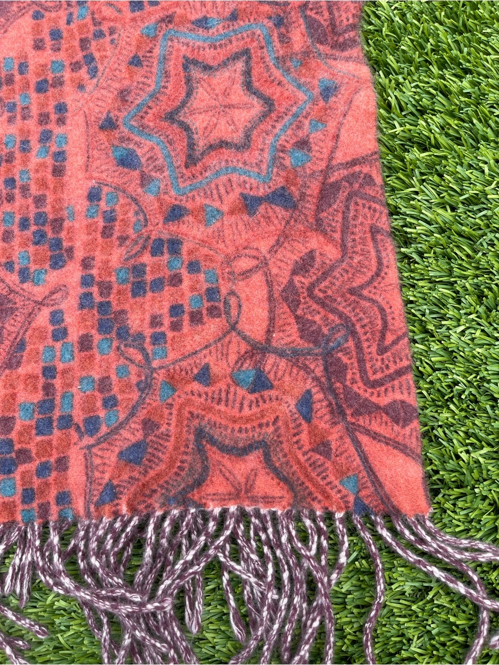 Nordstrom Red and Teal Patterned Fringe Scarf
